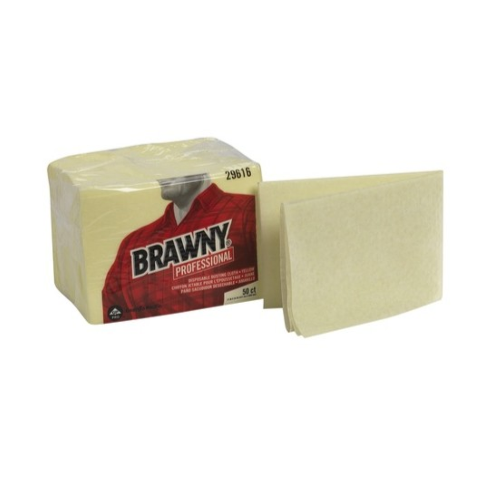 A stack of folded beige paper towels next to a wrapped package of paper towels. Brawny® Professional Yellow Disposable Dusting Cloths (17 in. x 24 in., 200/Case)